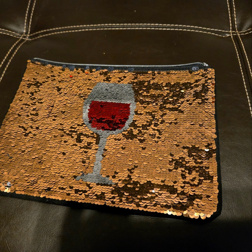 Stella & Dot Sequined Purse Clutch Makeup Bag Wine Glass Zippered